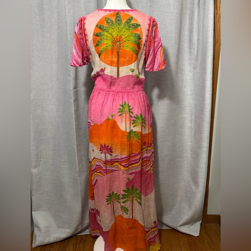 Pin-Up Stars Linen Maxi Dress-Sz S-Flutter Sleeve-Pink/Orange/Green-Sexy V Neck - Picture 3 of 17